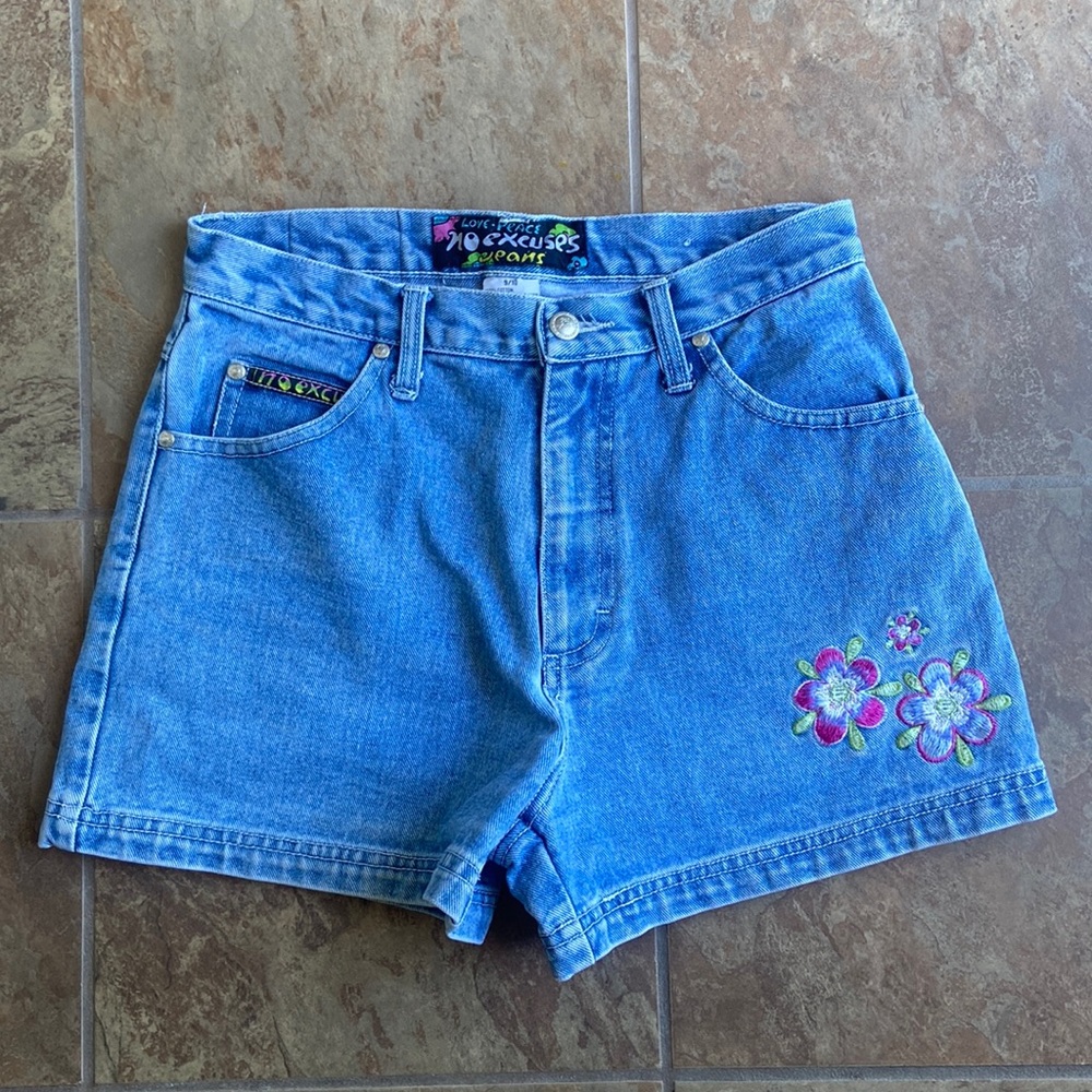 Vintage Y2K 90s No Excuses Embroidered Flower High Waisted Denim Shorts